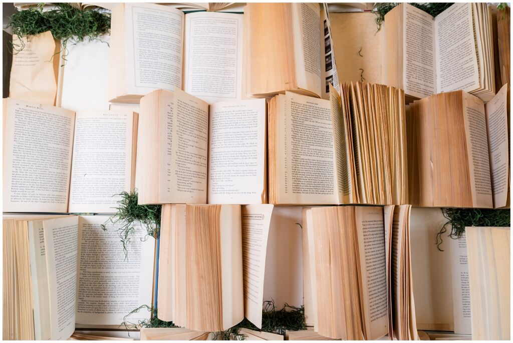 Open book accent wall inside Magnolia Country Chapel wedding venue in Adams, Tennessee